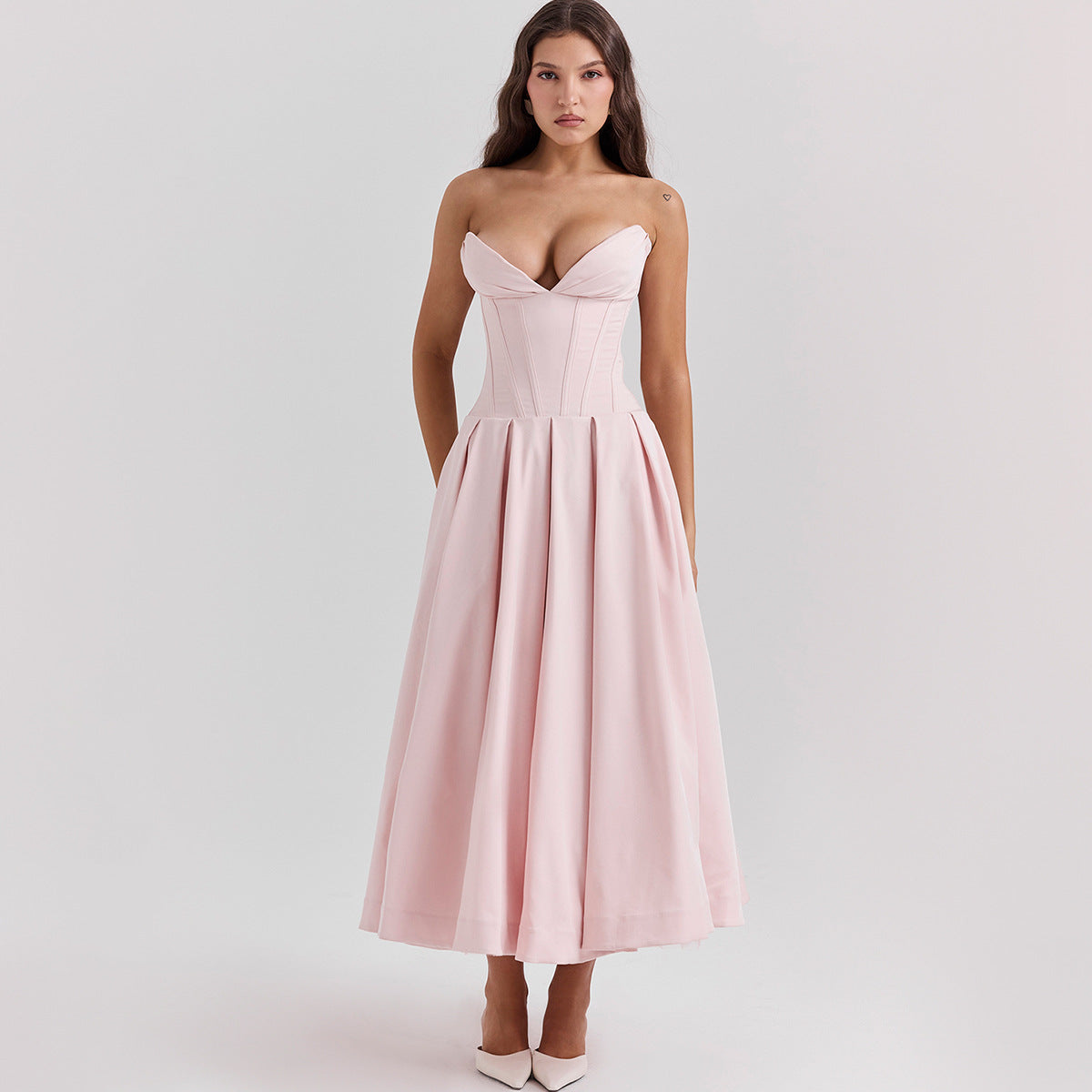 Strapless Midi Dress - Backless Tie Waist Style
