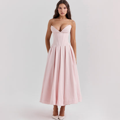 Strapless Midi Dress - Backless Tie Waist Style