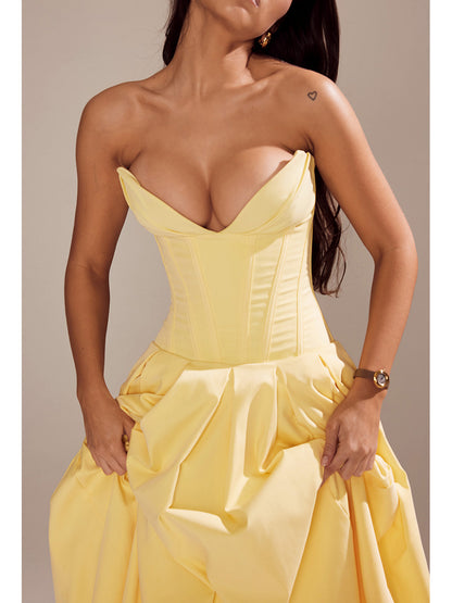 Strapless Midi Dress - Backless Tie Waist Style