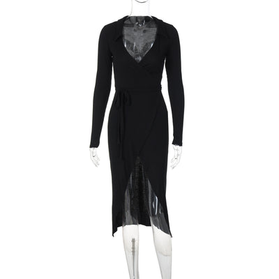 Bodycon Dress - Long Sleeve Tie Waist Split - Fashions Envy