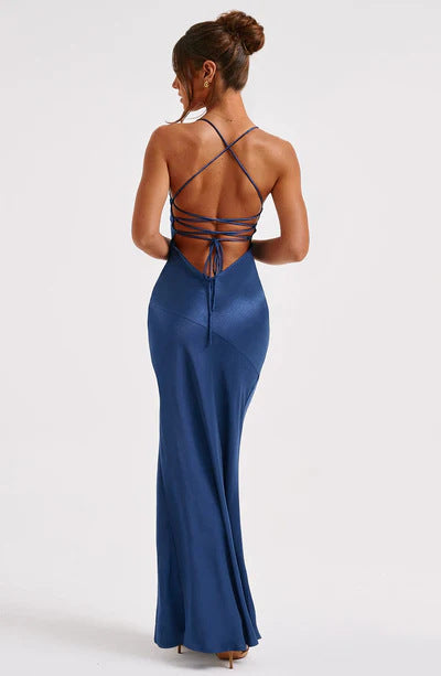 Backless Slit Maxi Dress - Satin Halter Neck Style