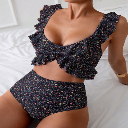 Floral Flounce Split Ruffled Bikini Swimsuit Set