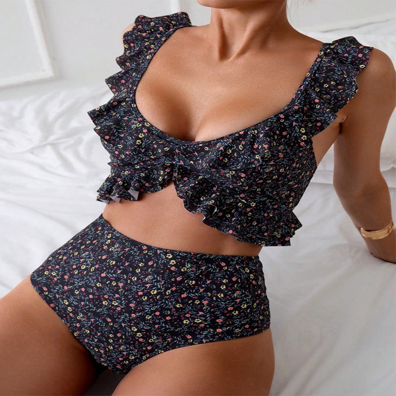 Floral Flounce Split Ruffled Bikini Swimsuit Set