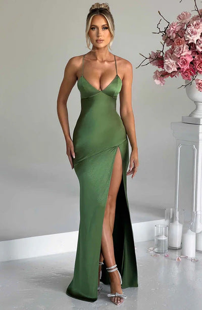 Backless Slit Maxi Dress - Satin Halter Neck Style