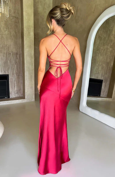 Backless Slit Maxi Dress - Satin Halter Neck Style