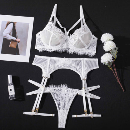 Eyelash Garter Set - 3 Piece Sheer Lingerie