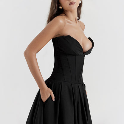 Strapless Midi Dress - Backless Tie Waist Style