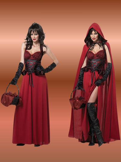 Two women in red costumes with a hood and long dress on an orange background