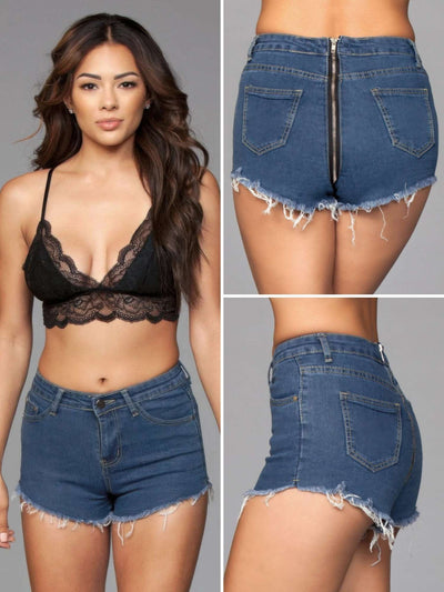 Rear Zip Me Up Frayed Hem Denim Shorts
