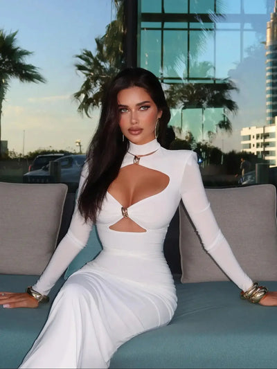 Cutout Midi Dress - Long Sleeve V Neck Column - Fashions Envy