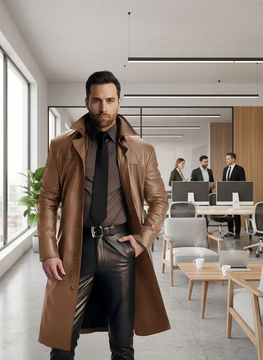 Man in button-up long sleeve jacket at business casual office meeting