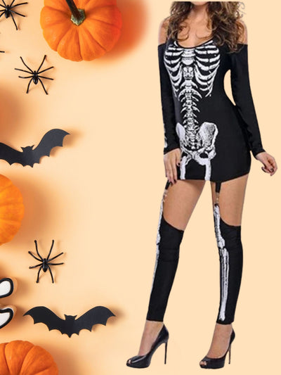 Skeleton Print Sexy Off-shoulder Halloween Costume