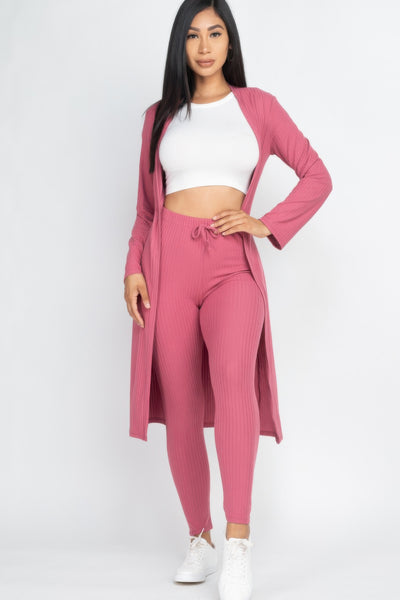 High-Stretch Ribbed Long Cardigan & Leggings Set