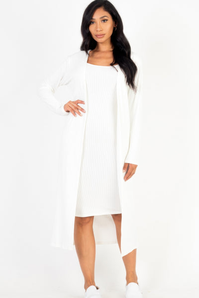 High-Stretch Ribbed Cardigan & Cami Midi Bodycon Dress