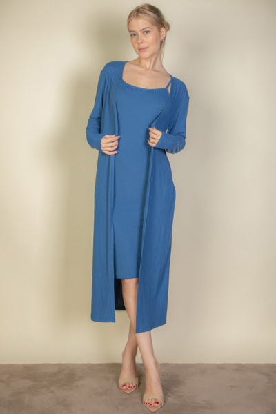 High-Stretch Ribbed Cardigan & Cami Midi Bodycon Dress