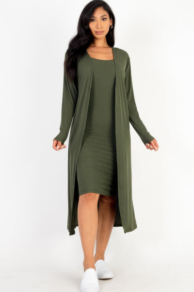 High-Stretch Ribbed Cardigan & Cami Midi Bodycon Dress