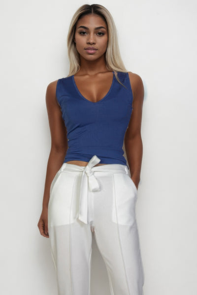 Ribbed V-neck Sleeveless Tank Top