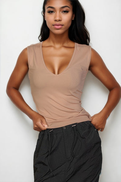 Ribbed V-neck Sleeveless Tank Top
