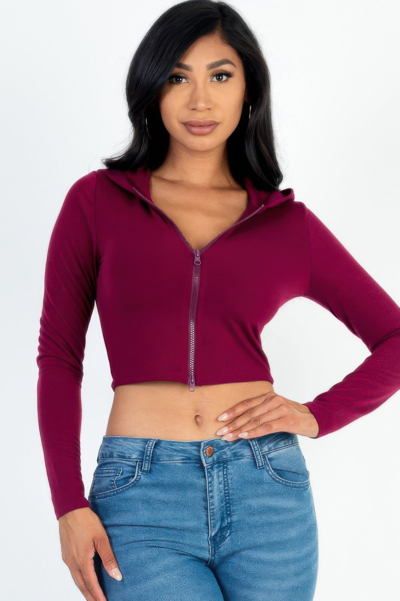 French Terry Crop 2-Way Zip Up Hoodie