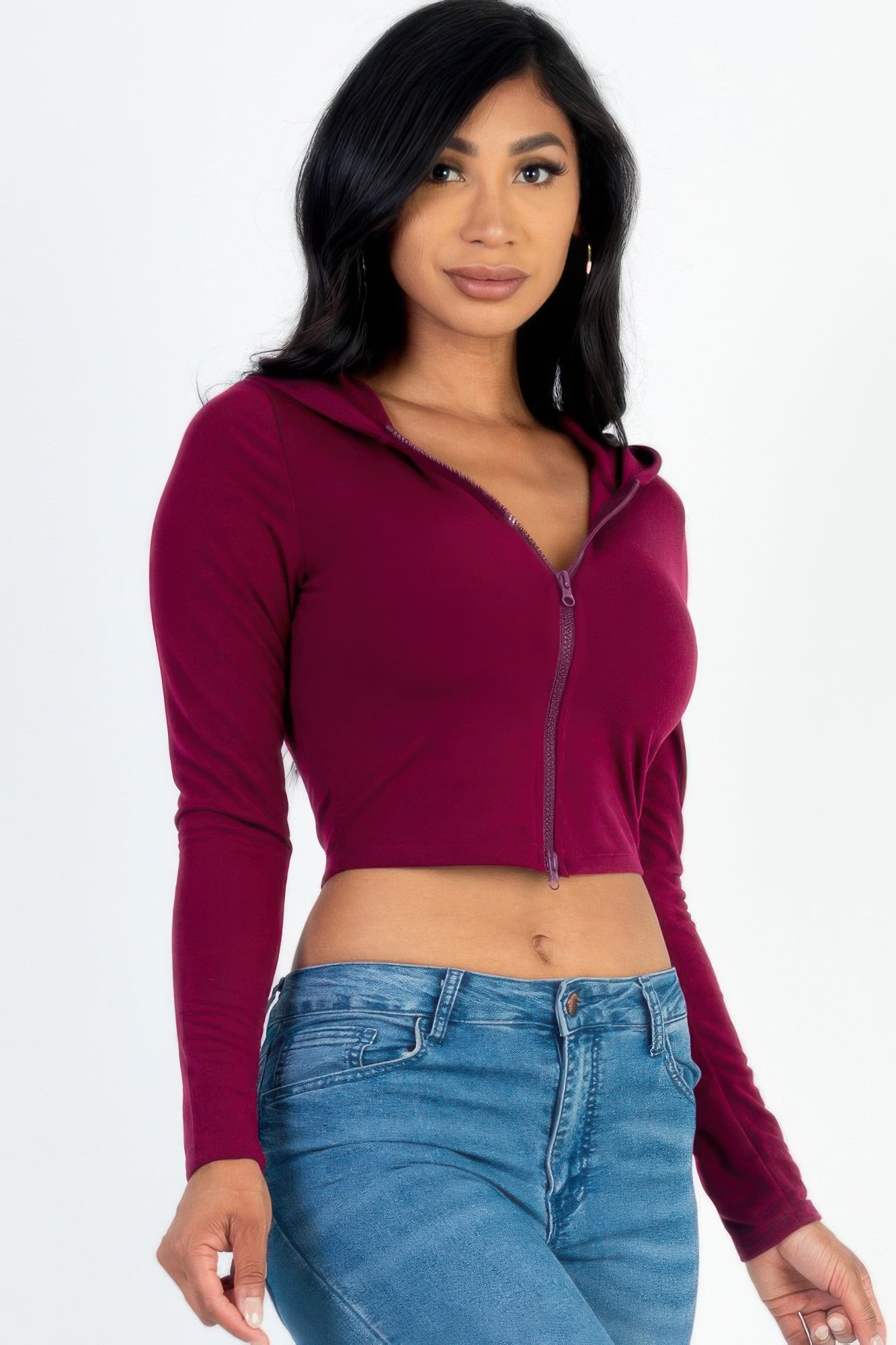 French Terry Crop 2-Way Zip Up Hoodie