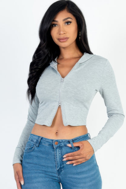 French Terry Crop 2-Way Zip Up Hoodie