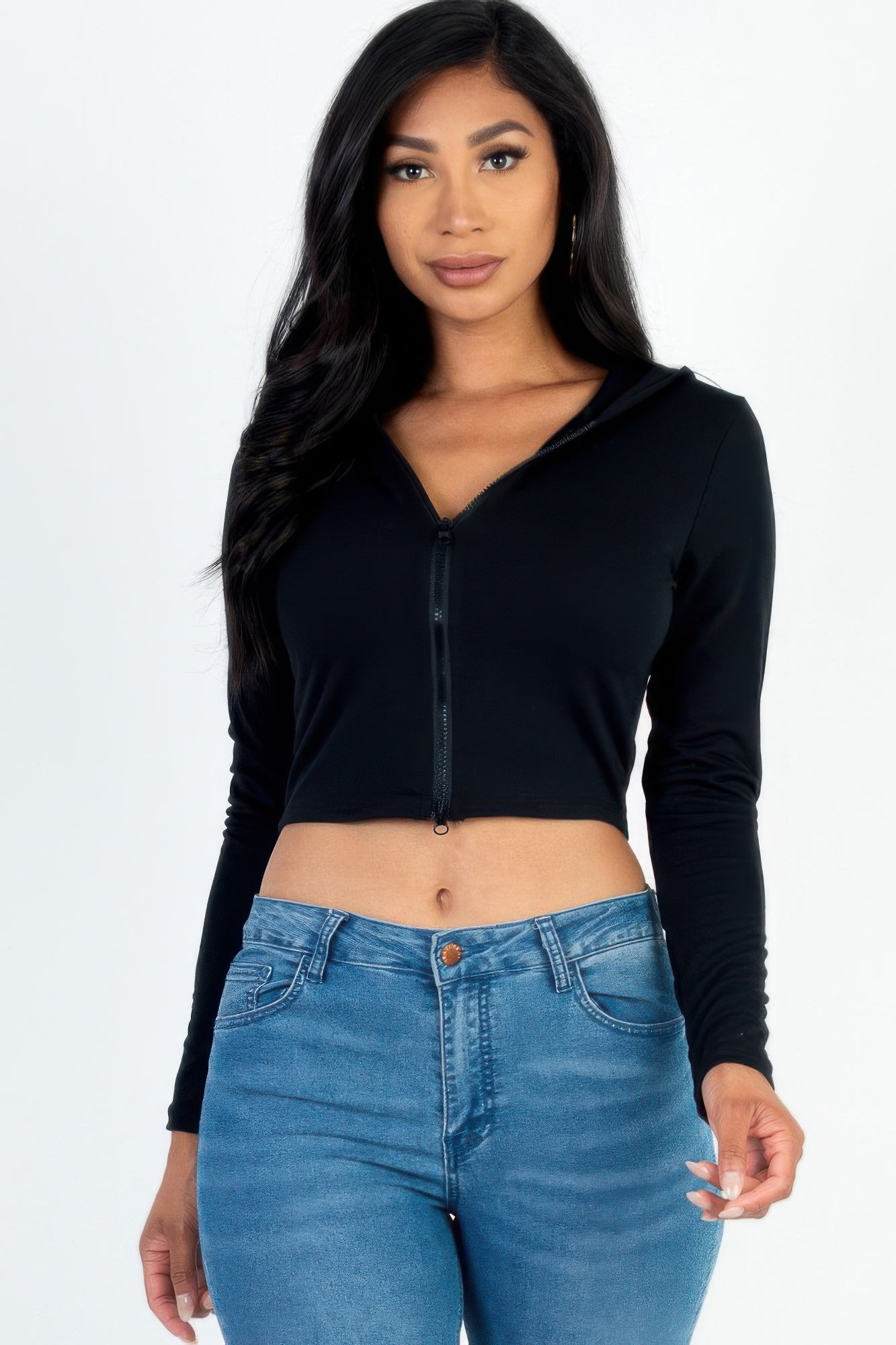 French Terry Crop 2-Way Zip Up Hoodie