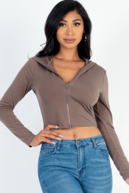 French Terry Crop 2-Way Zip Up Hoodie