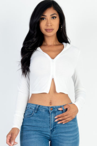 French Terry Crop 2-Way Zip Up Hoodie