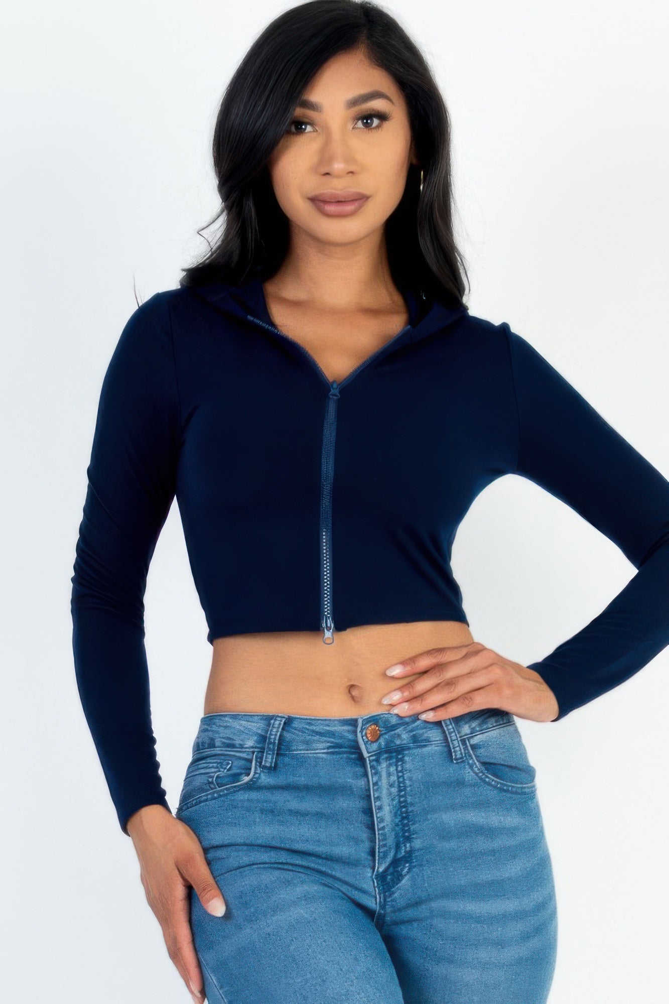 French Terry Crop 2-Way Zip Up Hoodie