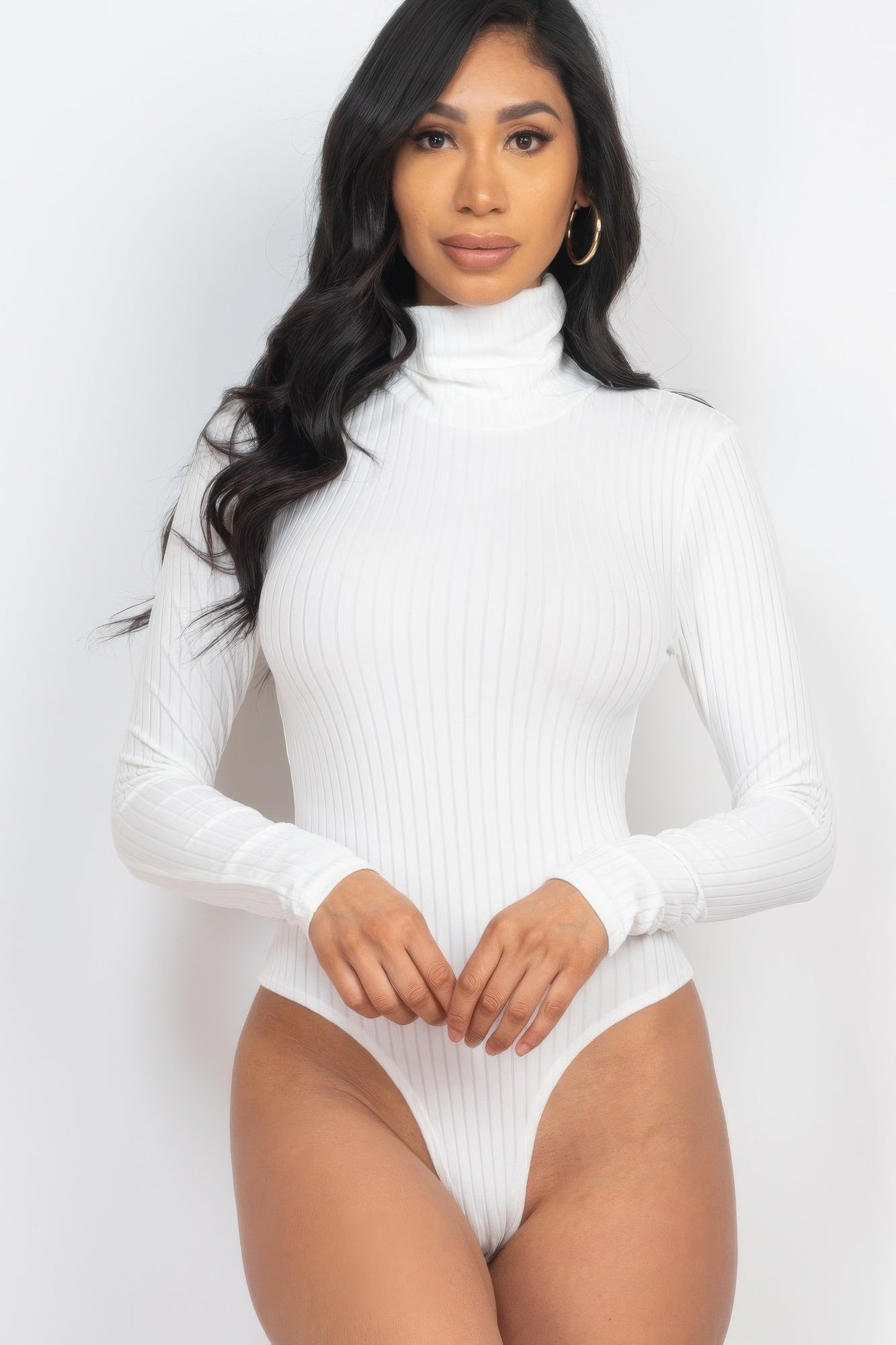 Elegant Ribbed Turtle Neck Long Sleeve Bodysuit