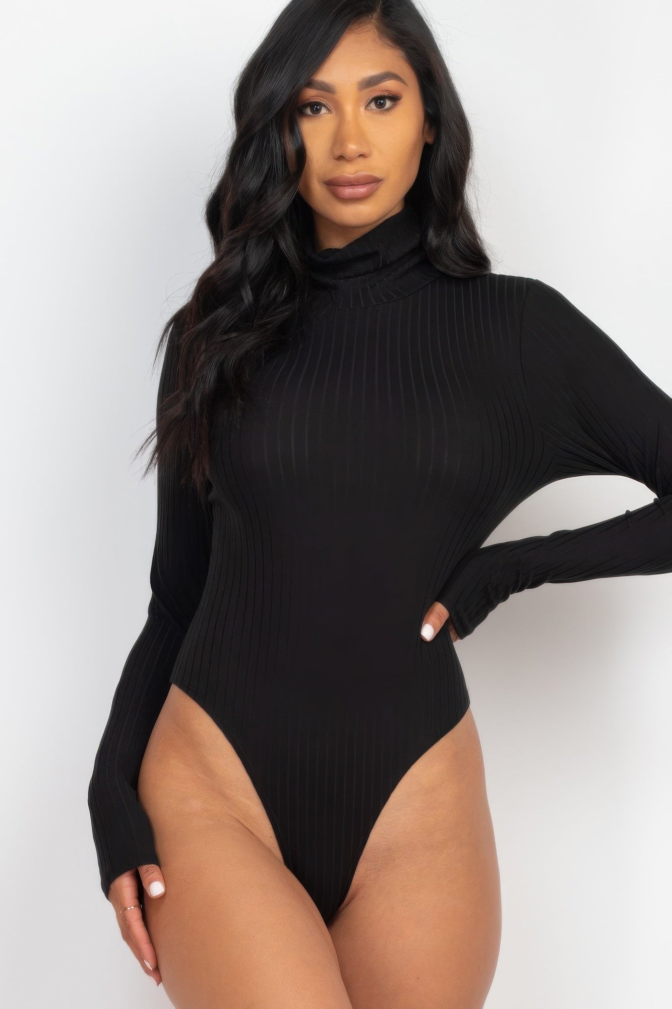 Elegant Ribbed Turtle Neck Long Sleeve Bodysuit