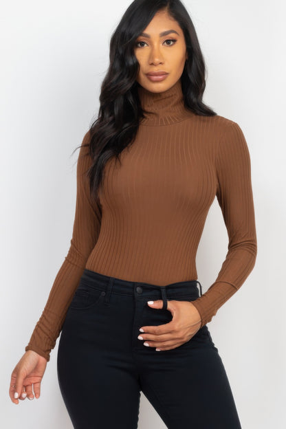 Elegant Ribbed Turtle Neck Long Sleeve Bodysuit