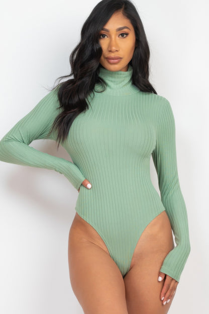 Elegant Ribbed Turtle Neck Long Sleeve Bodysuit