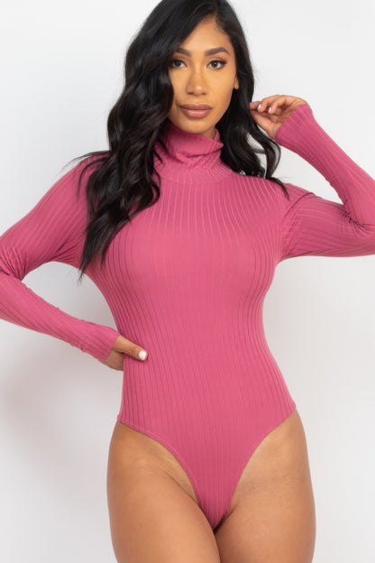 Elegant Ribbed Turtle Neck Long Sleeve Bodysuit