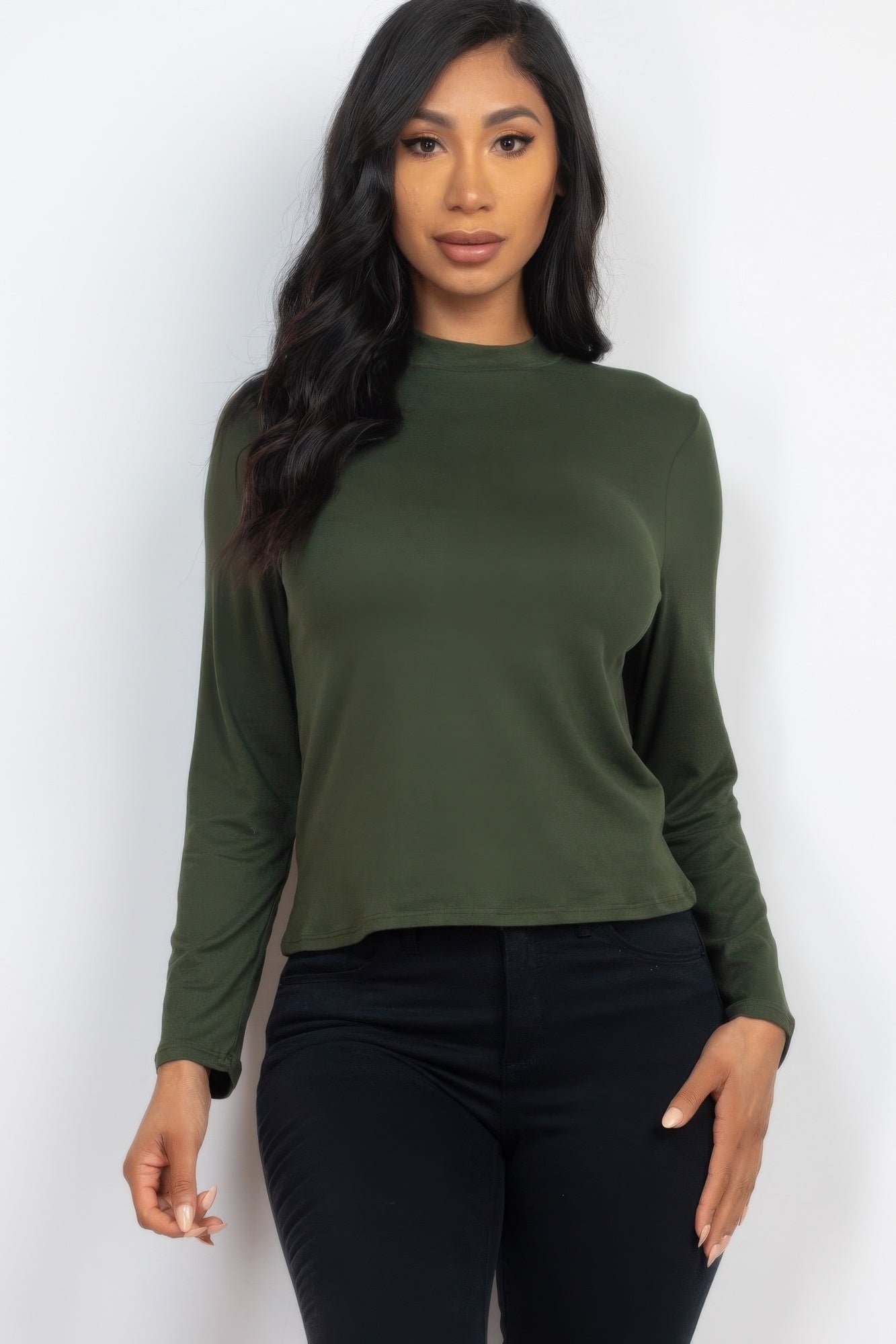 Basic Mock Neck Solid Long Sleeve Top