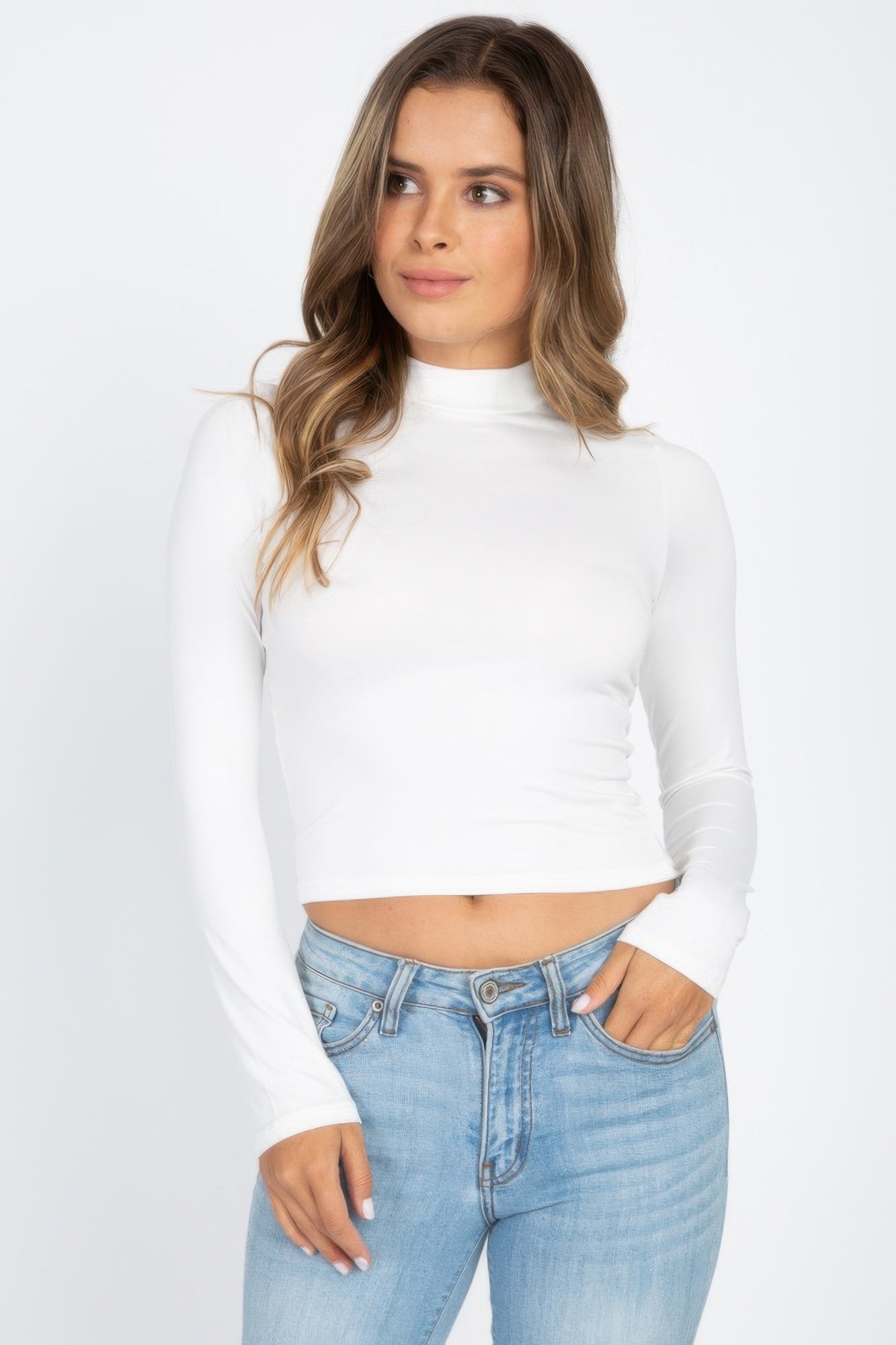 Basic Mock Neck Solid Long Sleeve Top