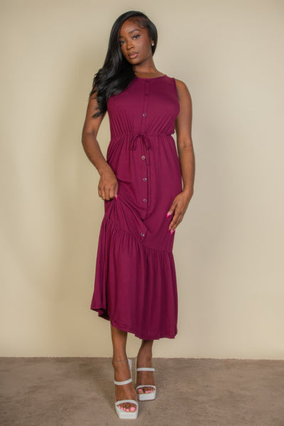 Button Front Tie Waist Sleeveless Maxi Dress - Fashions Envy