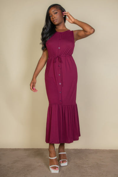 Button Front Tie Waist Sleeveless Maxi Dress - Fashions Envy