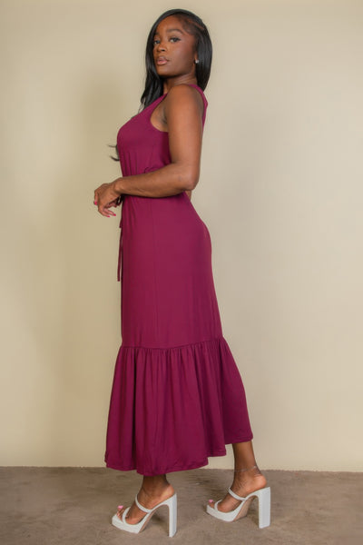Button Front Tie Waist Sleeveless Maxi Dress - Fashions Envy