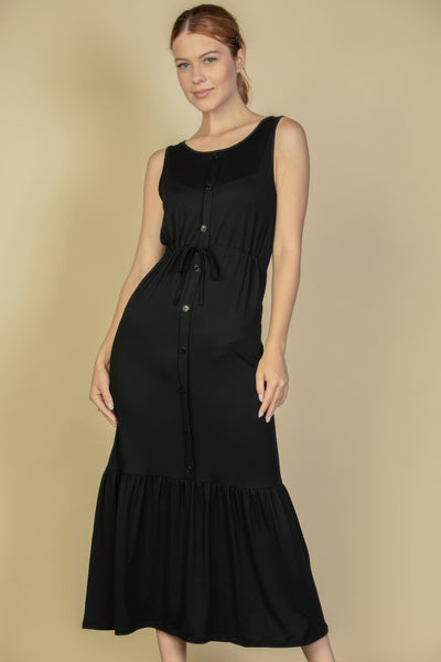 Button Front Tie Waist Sleeveless Maxi Dress - Fashions Envy