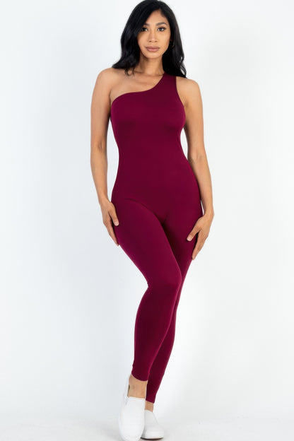 Chic Solid Color One Shoulder Jumpsuit