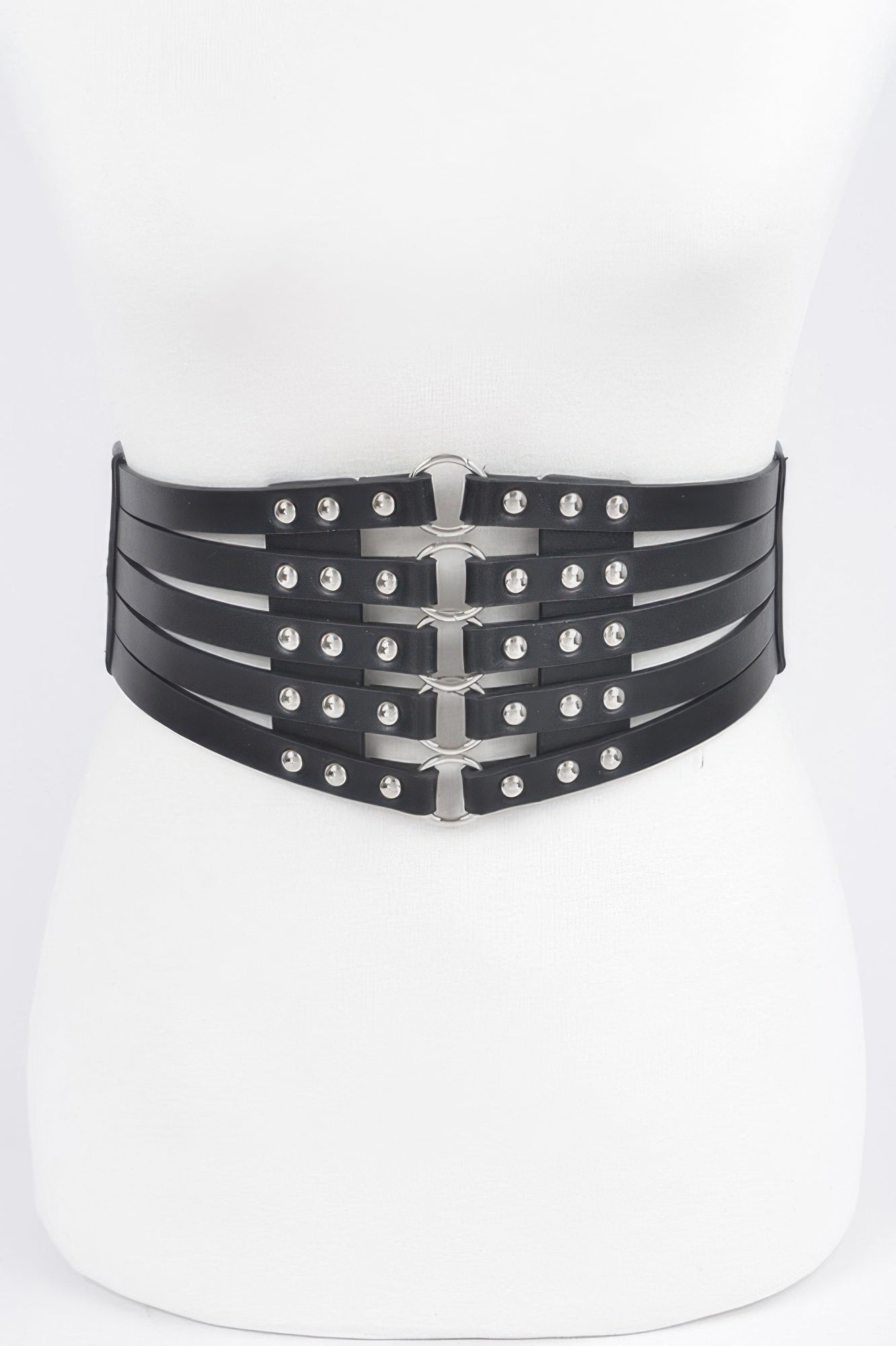 CCWHOLESALECLOTHING black multi strap stud waist elastic belt with silver studs and metal rings on mannequin
