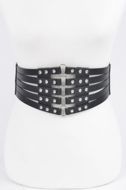CCWHOLESALECLOTHING black multi strap stud waist elastic belt with silver studs and metal rings on mannequin