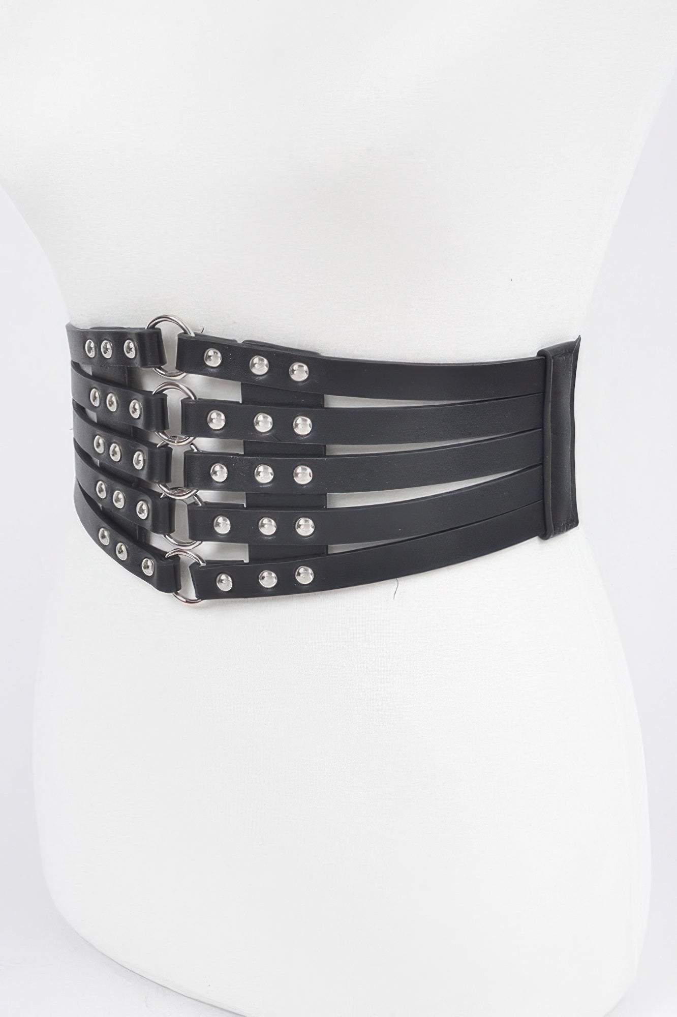 Black multi strap corset style stud waist elastic belt with silver studs and D ring buckles