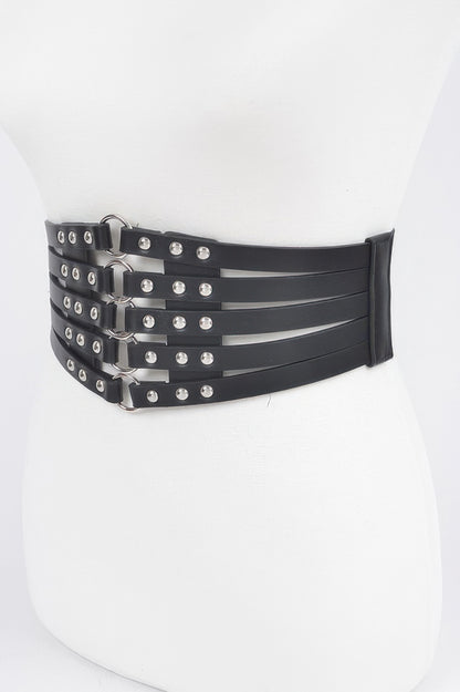 Black multi strap corset style stud waist elastic belt with silver studs and D ring buckles
