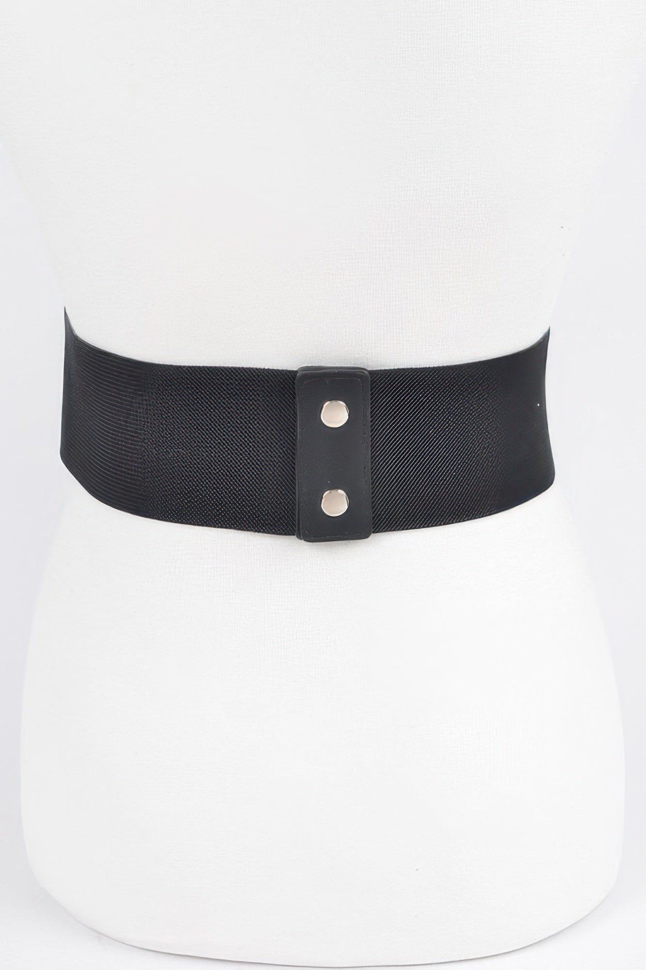 CCWHOLESALECLOTHING stud waist elastic belt black wide elastic with two silver studs front closure on mannequin