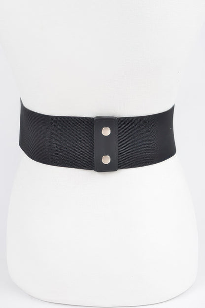 CCWHOLESALECLOTHING stud waist elastic belt black wide elastic with two silver studs front closure on mannequin