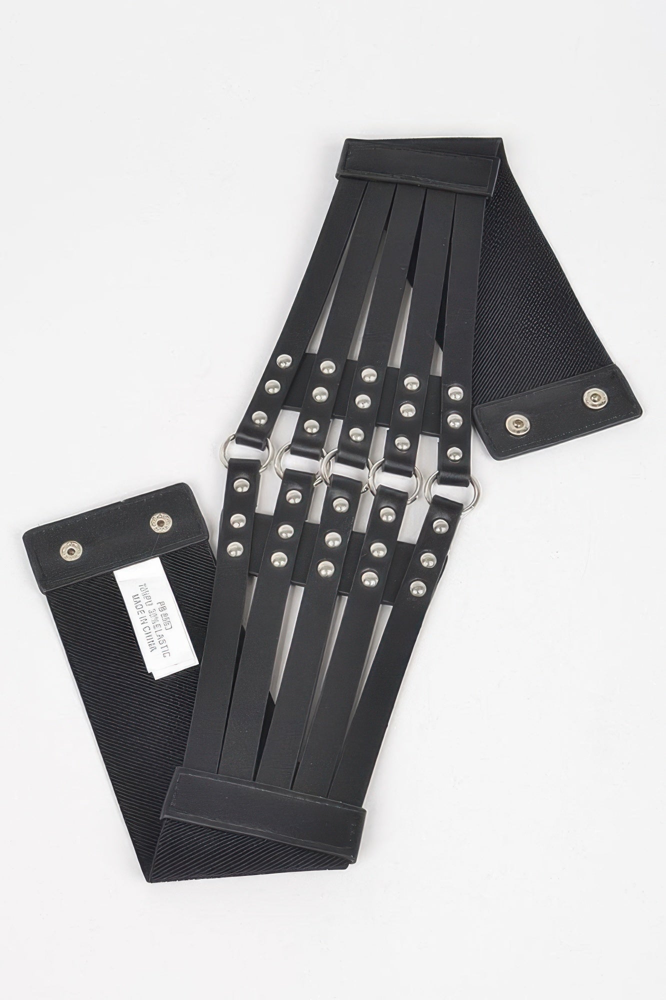 Black stud waist elastic belt with multiple vertical straps silver studs buckle accents and snap closures