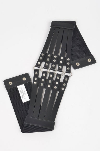 Black stud waist elastic belt with multiple vertical straps silver studs buckle accents and snap closures