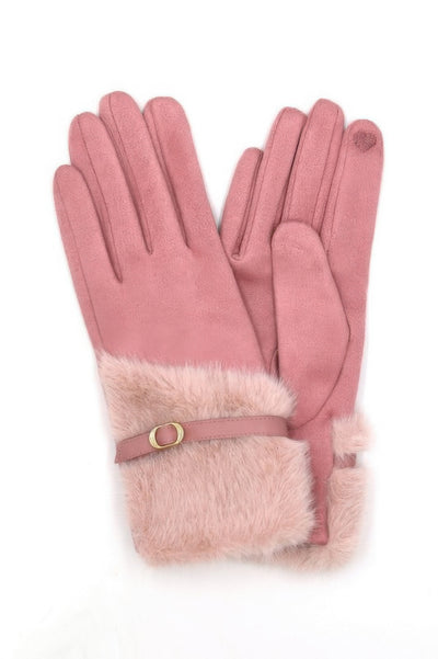 CCWHOLESALECLOTHING pink suede gloves with faux fur cuff and buckle detail touchscreen compatible faux fur smart touch gloves